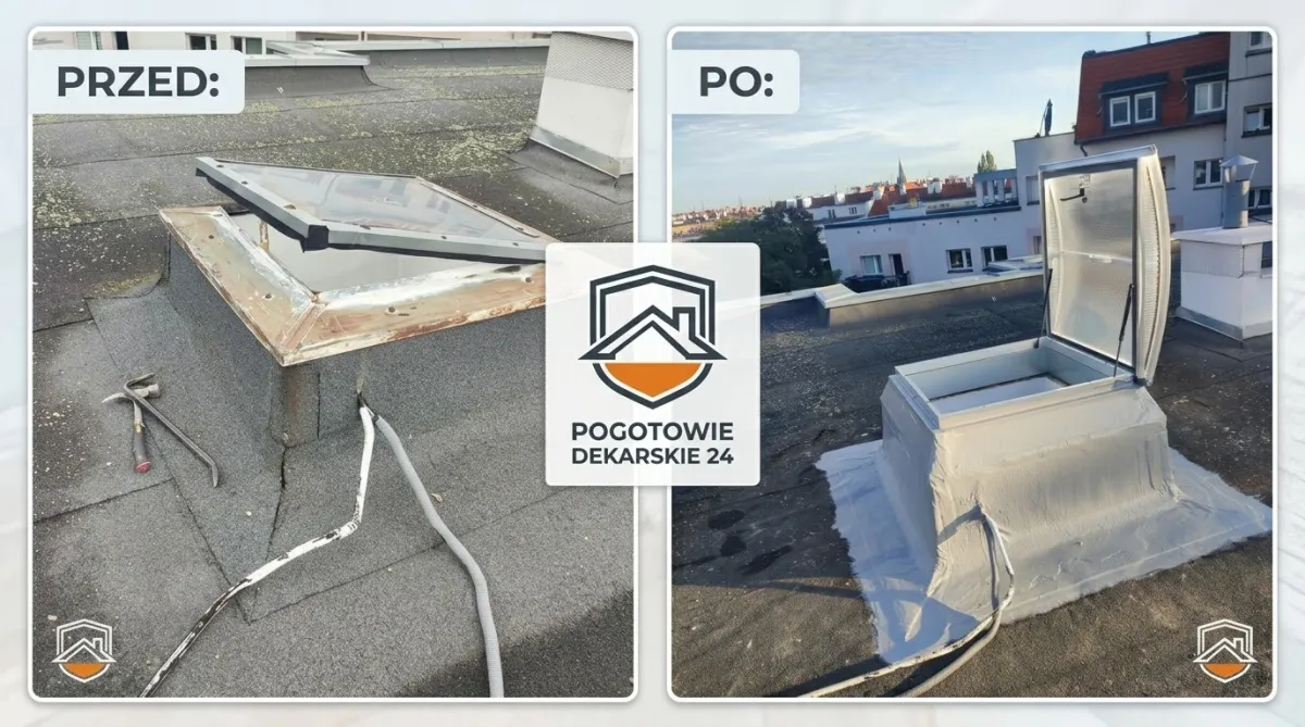 Wymiana wyłazu dachowego - Wrocław. Stary, przeciekający wyłaz zastąpiony nowym, aluminiowym z poliwęglanem. Pokrycie z membrany poliuretanowej.